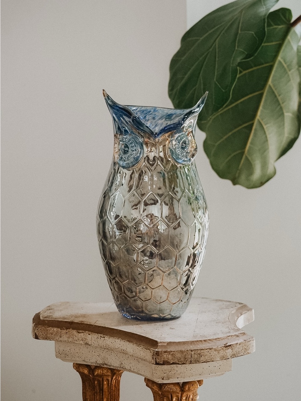 Fumed Blown Glass Owl Vase Decor